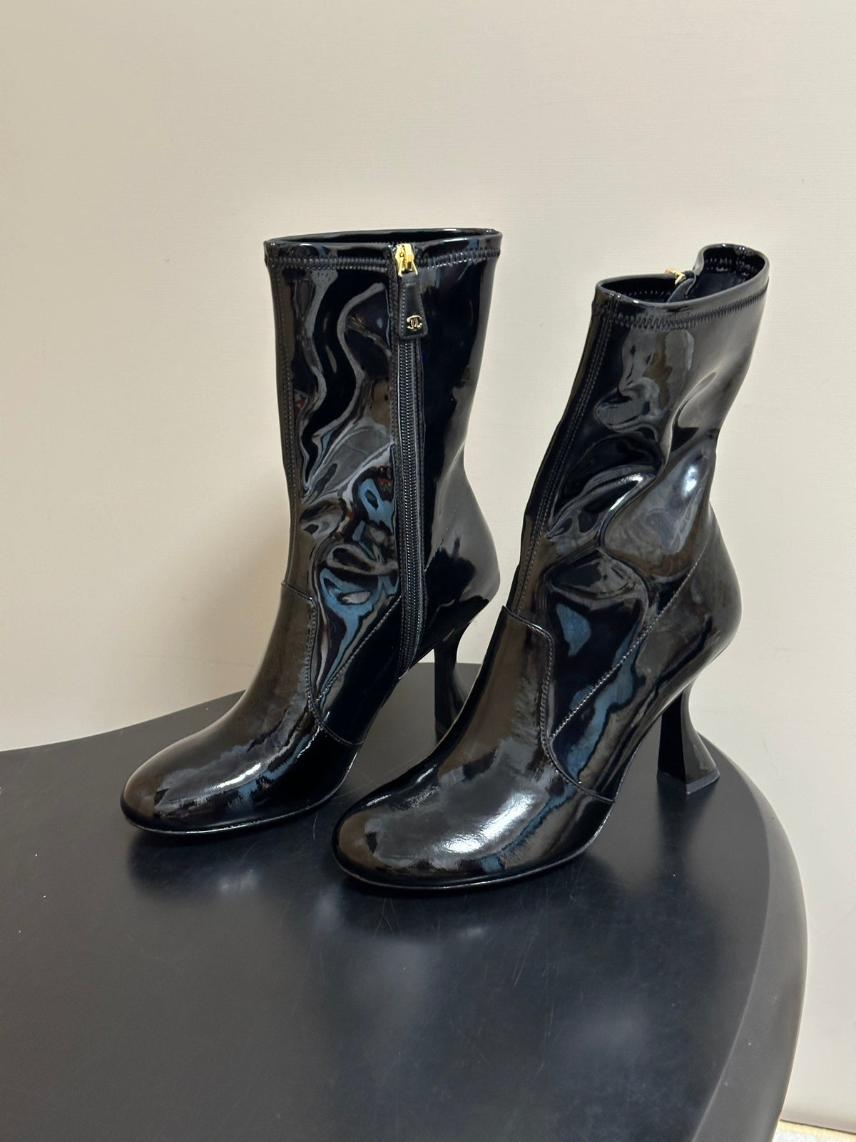 Chanel 26s Mid Calf Boots Flared Stiletto Heel 9.5cm CC Zipper Black Patent Stretch Leather 185662