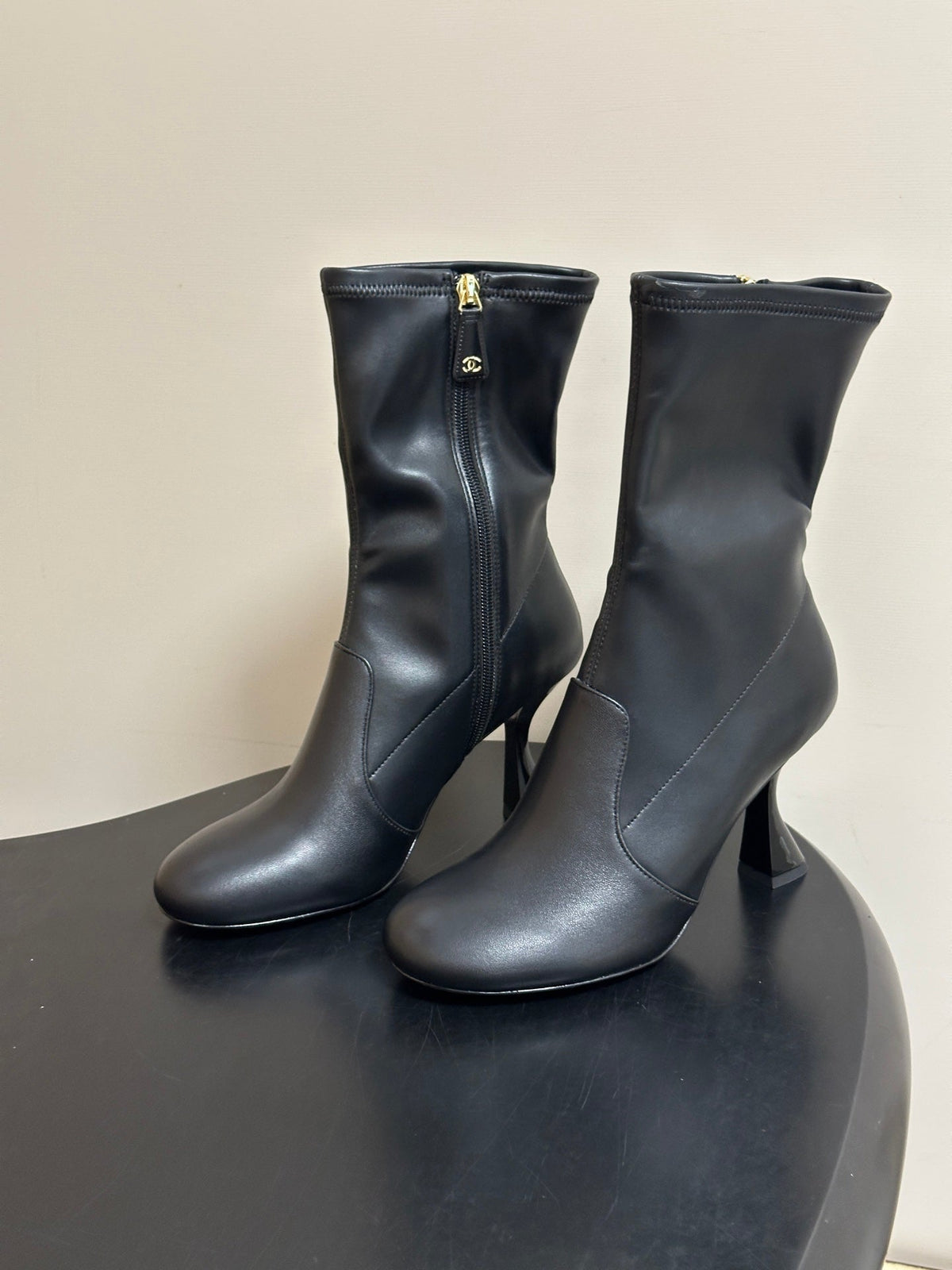 Chanel 26s Mid Calf Boots Flared Stiletto Heel 9.5cm CC Zipper Black Stretch Leather