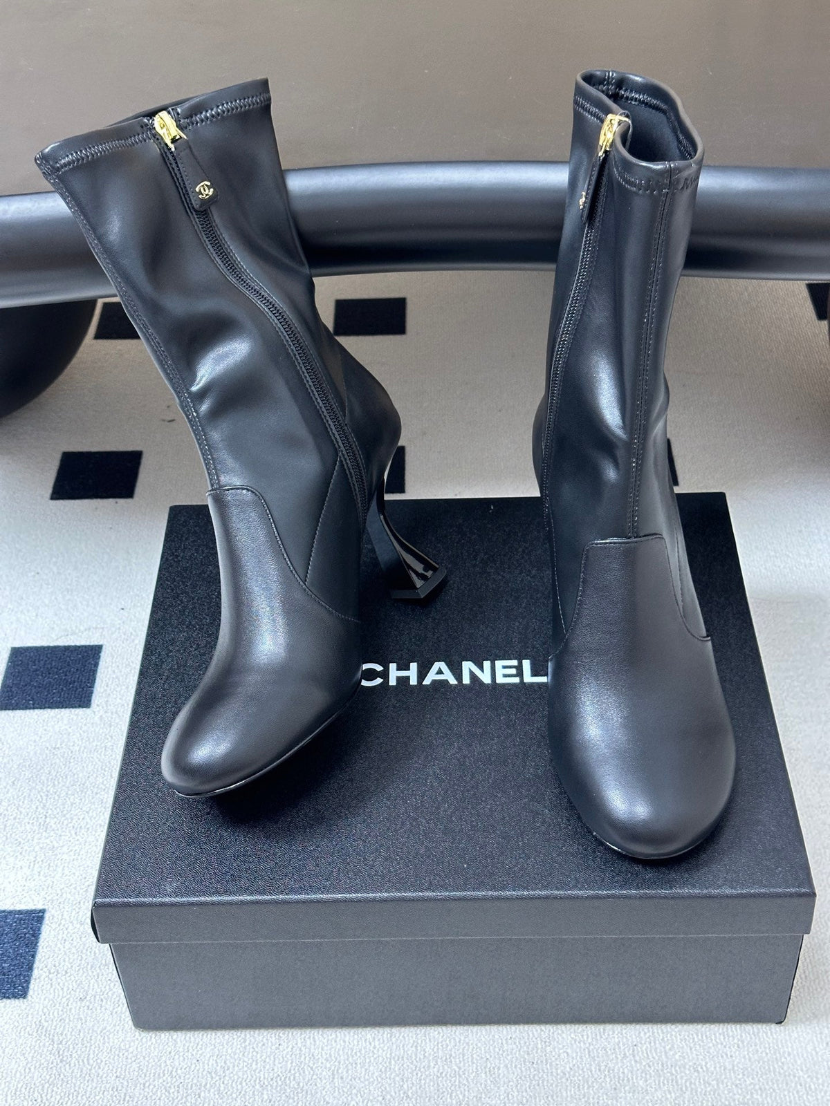 Chanel 26s Mid Calf Boots Flared Stiletto Heel 9.5cm CC Zipper Black Stretch Leather