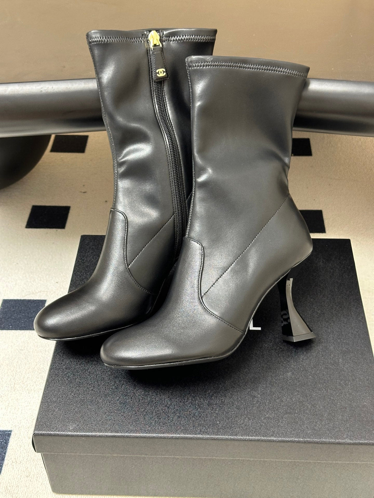 Chanel 26s Mid Calf Boots Flared Stiletto Heel 9.5cm CC Zipper Black Stretch Leather