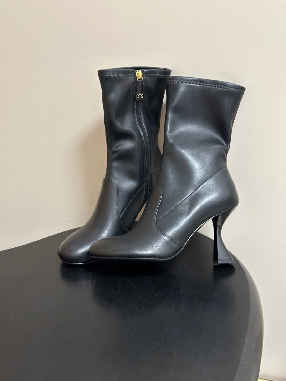 Chanel 26s Mid Calf Boots Flared Stiletto Heel 9.5cm CC Zipper Black Stretch Leather