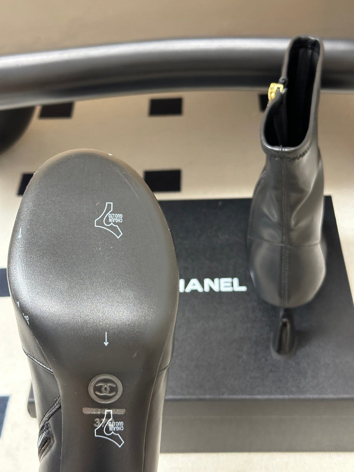 Chanel 26s Mid Calf Boots Flared Stiletto Heel 9.5cm CC Zipper Black Stretch Leather