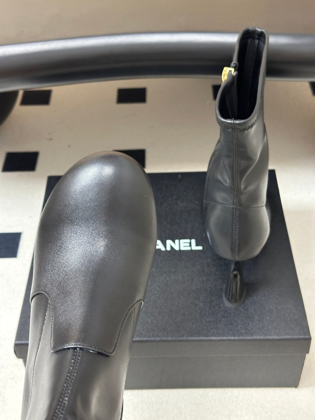 Chanel 26s Mid Calf Boots Flared Stiletto Heel 9.5cm CC Zipper Black Stretch Leather