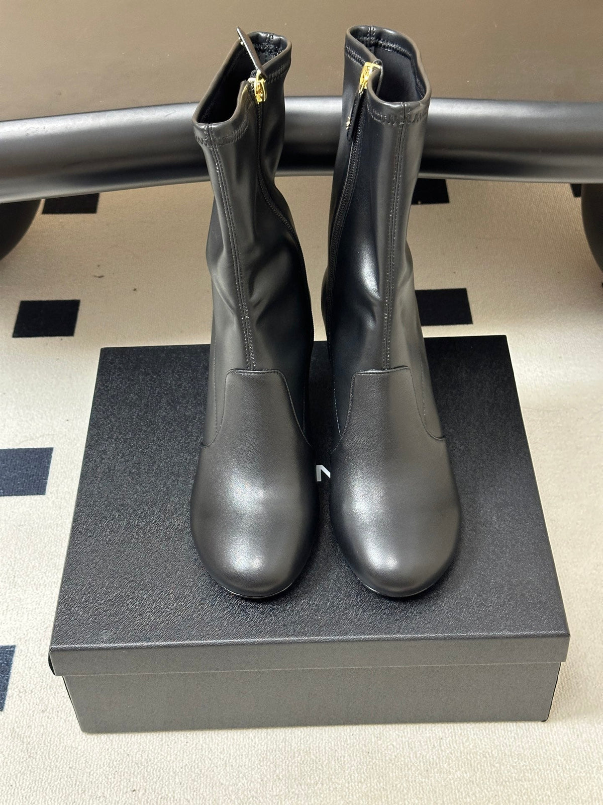 Chanel 26s Mid Calf Boots Flared Stiletto Heel 9.5cm CC Zipper Black Stretch Leather