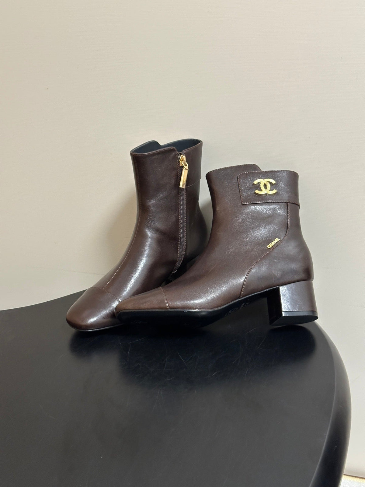 Chanel 26s Ankle Boots Block Heel CC Buckle Dark Brown Calfskin Leather 185667