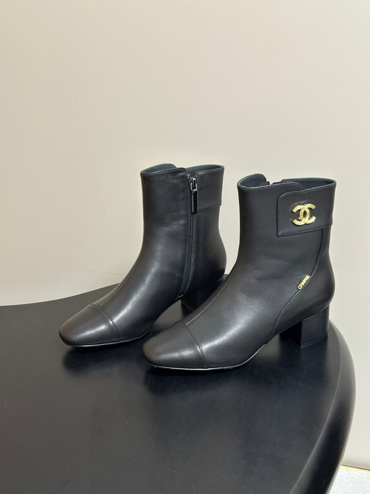 Chanel 26s Ankle Boots Block Heel CC Buckle Black Calfskin Leather 185668
