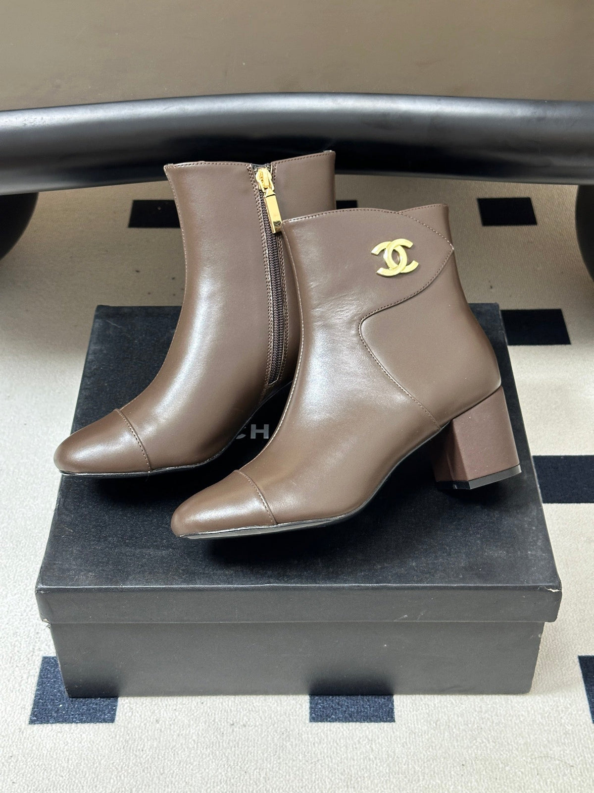 Chanel 26s Ankle Boots Block Heel 5cm CC Logo Dark Brown Calfskin Leather 185670