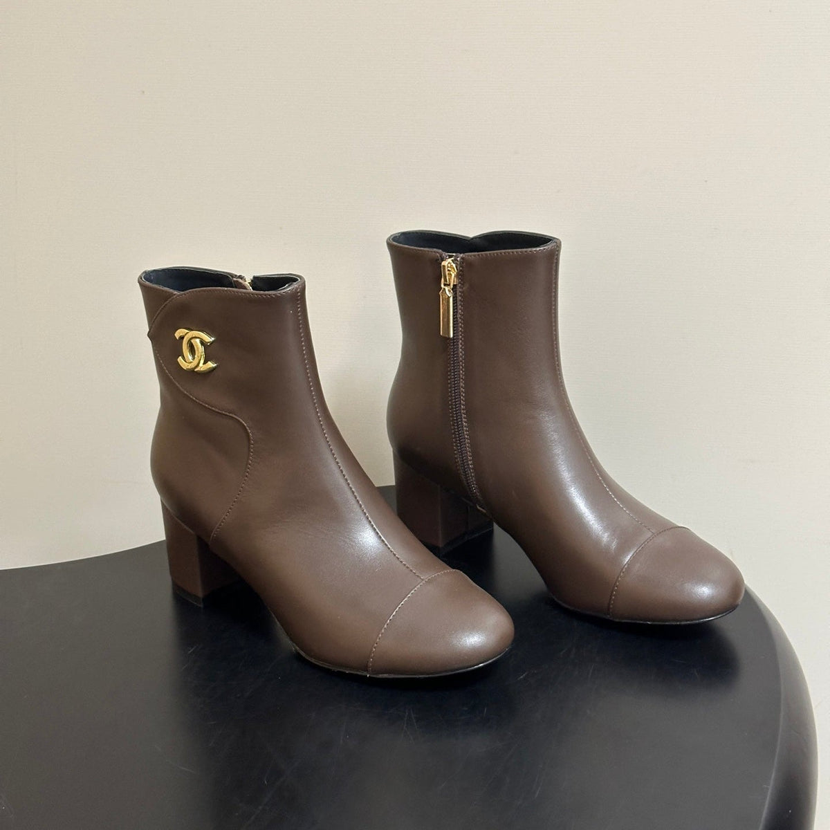 Chanel 26s Ankle Boots Block Heel 5cm CC Logo Dark Brown Calfskin Leather 185670