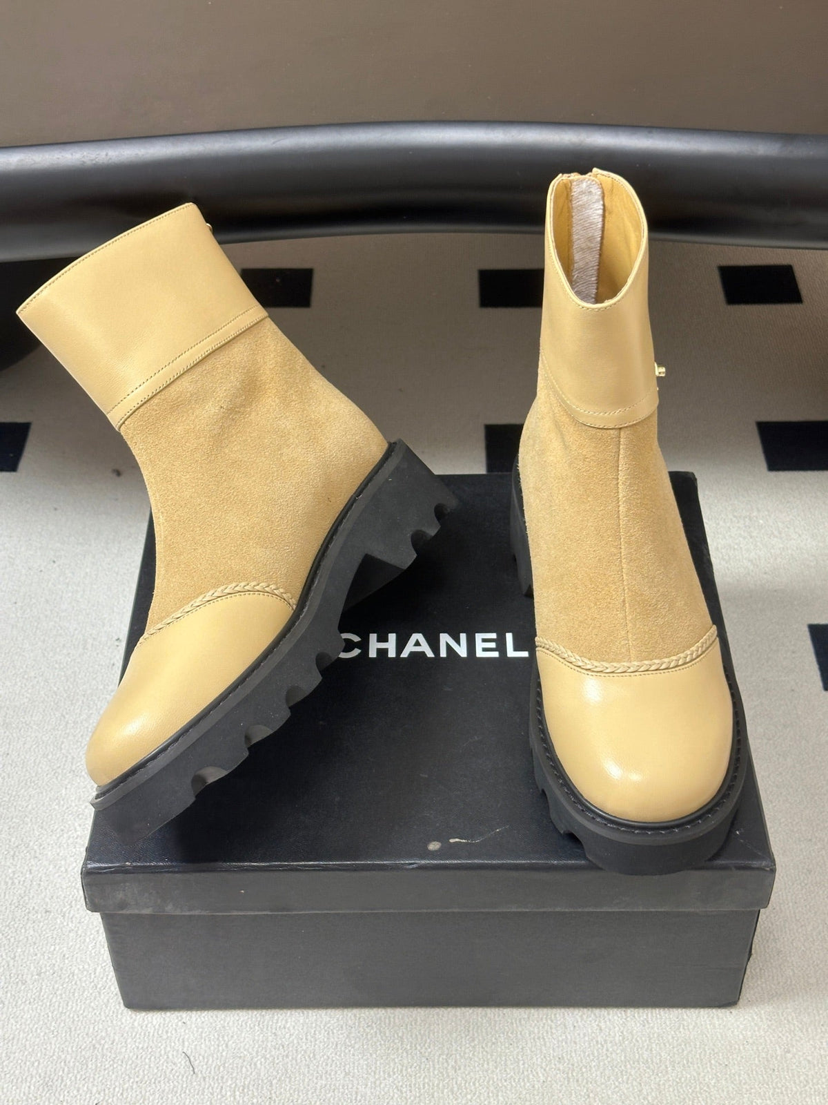 Chanel 26s Ankle Boots Lug Sole CC Charm Beige Suede Calfskin Leather 185673