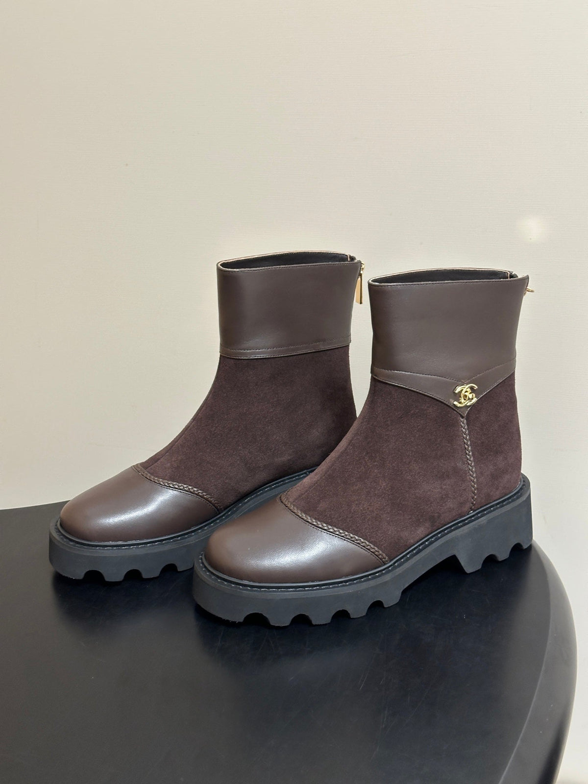 Chanel 26s Ankle Boots Lug Sole CC Charm Dark Brown Suede Calfskin Leather 185674