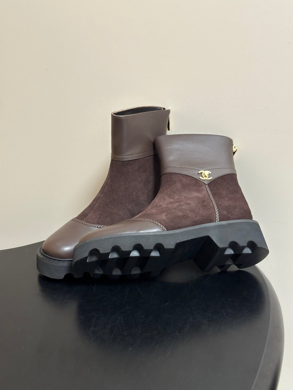Chanel 26s Ankle Boots Lug Sole CC Charm Dark Brown Suede Calfskin Leather 185674