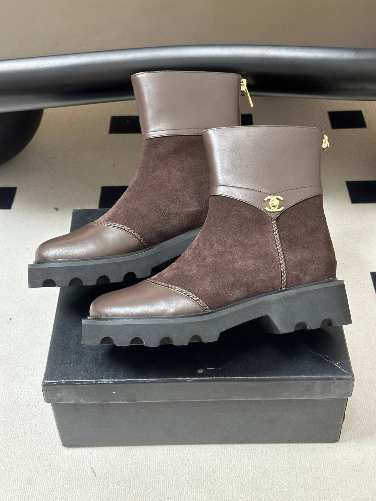 Chanel 26s Ankle Boots Lug Sole CC Charm Dark Brown Suede Calfskin Leather 185674