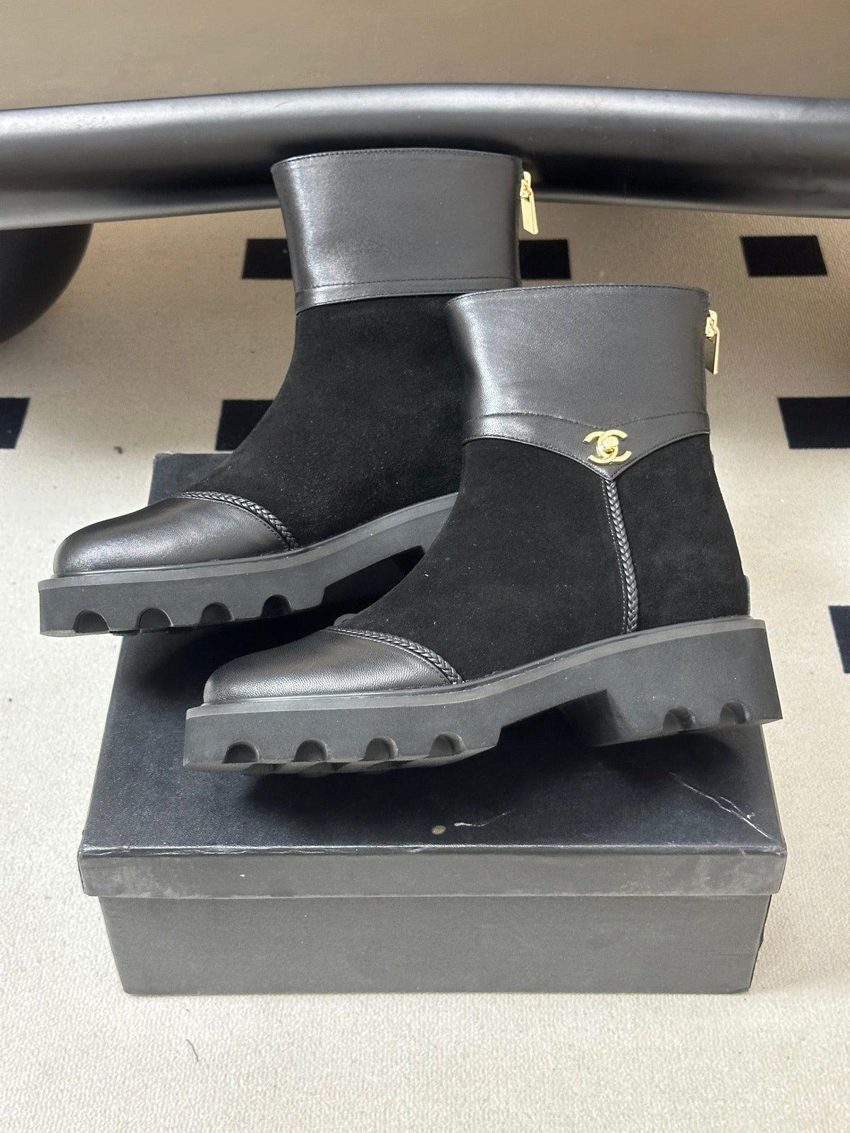Chanel 26s Ankle Boots Lug Sole CC Charm Black Suede Calfskin Leather 185675