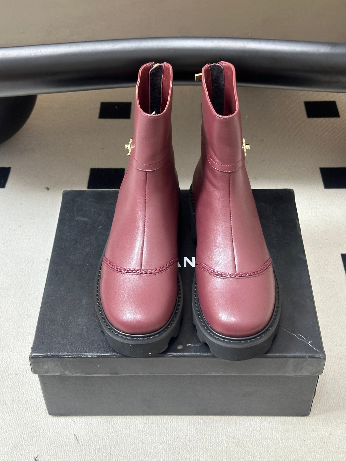 Chanel 26s Ankle Boots Lug Sole CC Charm Burgundy Calfskin Leather 185676