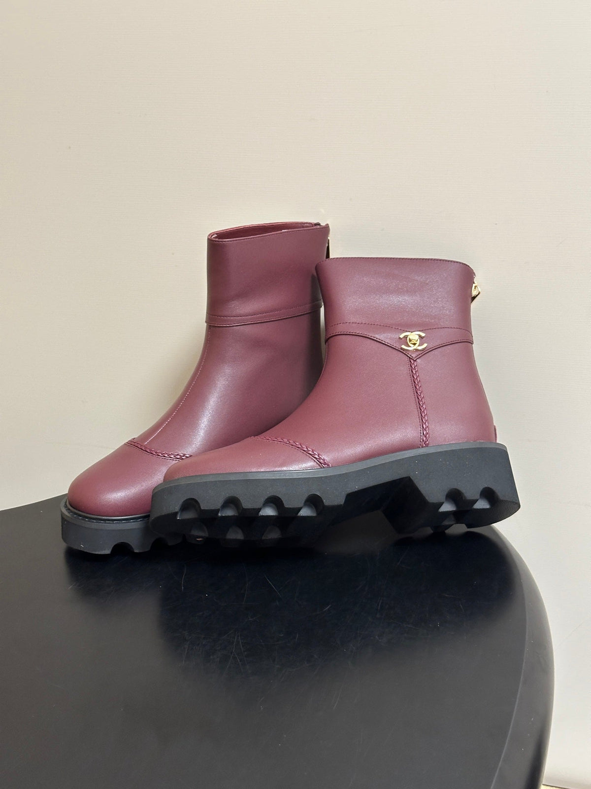 Chanel 26s Ankle Boots Lug Sole CC Charm Burgundy Calfskin Leather 185676