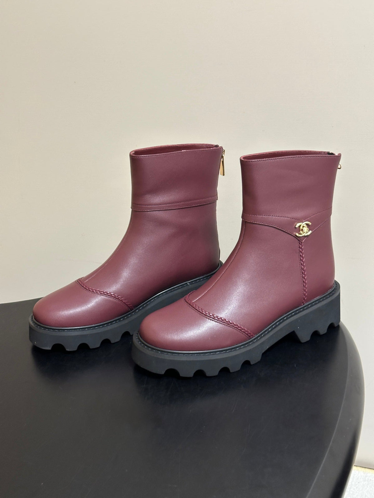 Chanel 26s Ankle Boots Lug Sole CC Charm Burgundy Calfskin Leather 185676