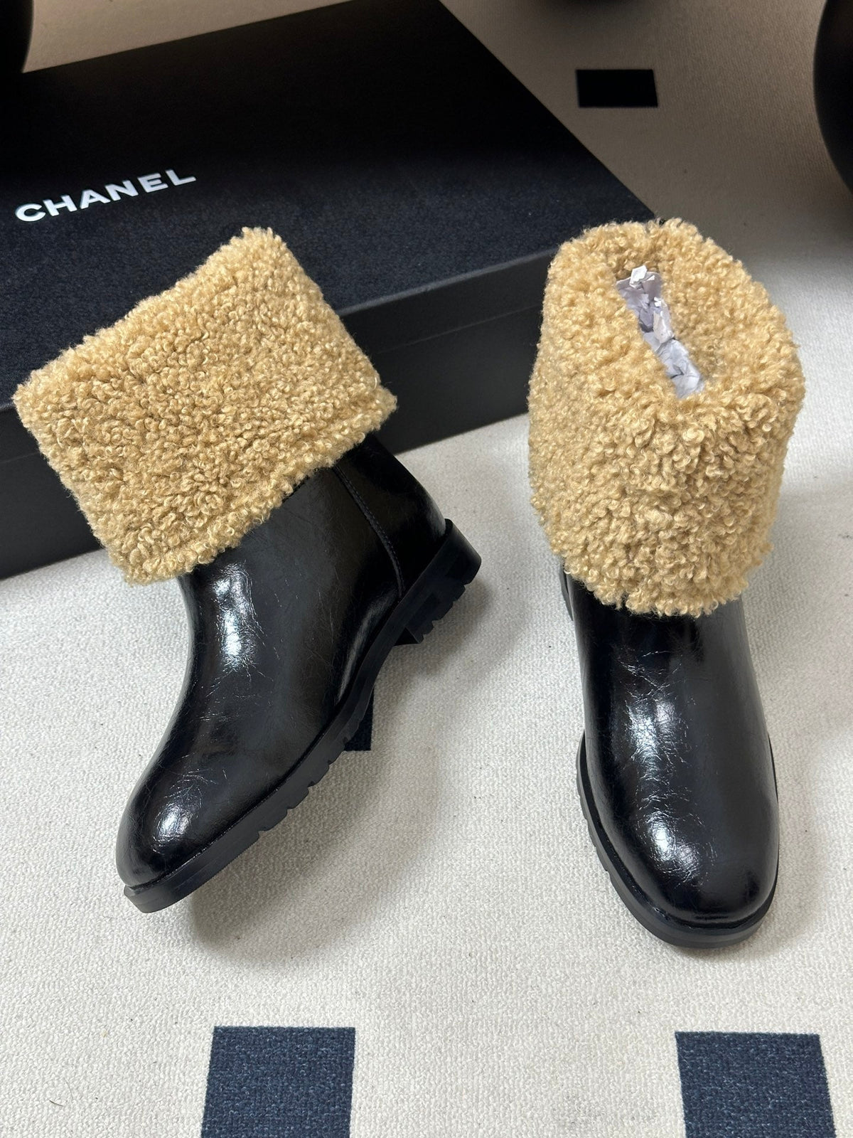 Chanel 26s Mid Calf Boots Shearling Fur Buckle CC Black Patent Leather 185681