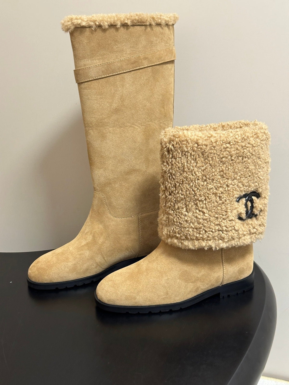 Chanel 26s Knee High Boots Shearling Fur Buckle CC Beige Suede Leather 185682