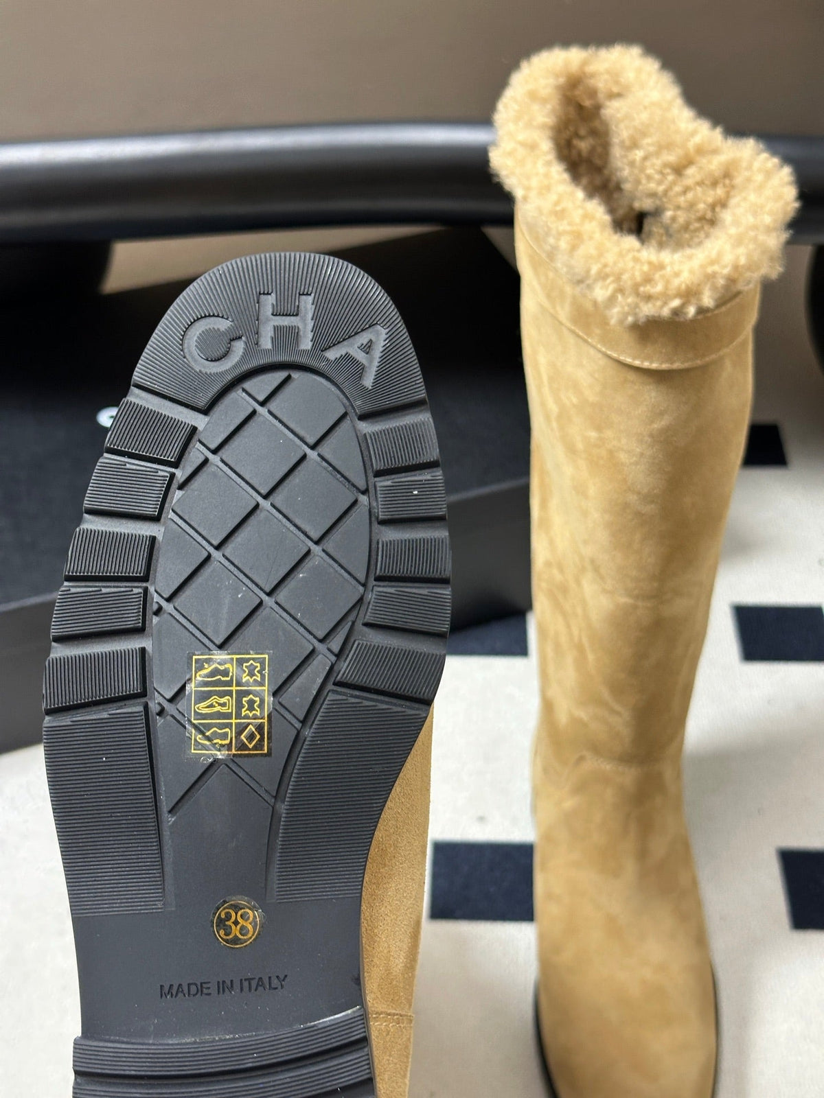 Chanel 26s Knee High Boots Shearling Fur Buckle CC Beige Suede Leather 185682