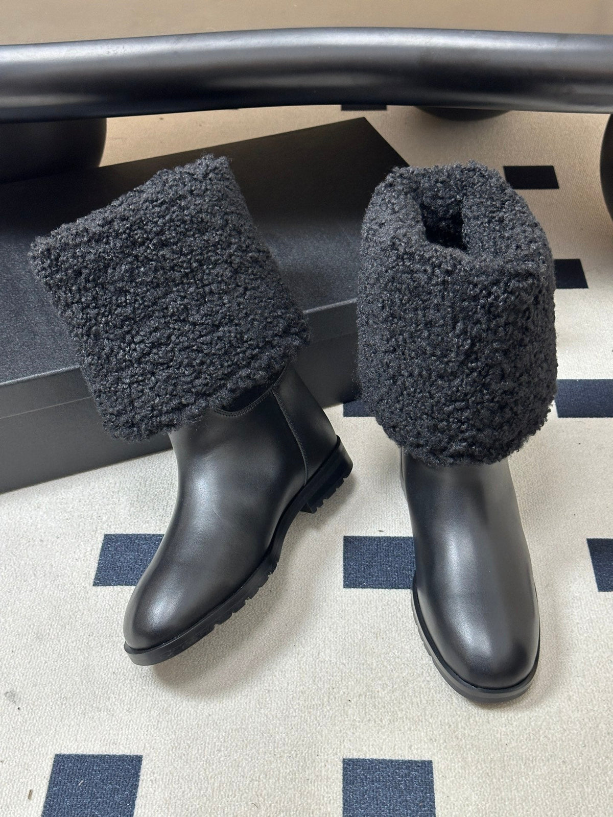 Chanel 26s Knee High Boots Shearling Fur Buckle CC Black Suede Leather 185683