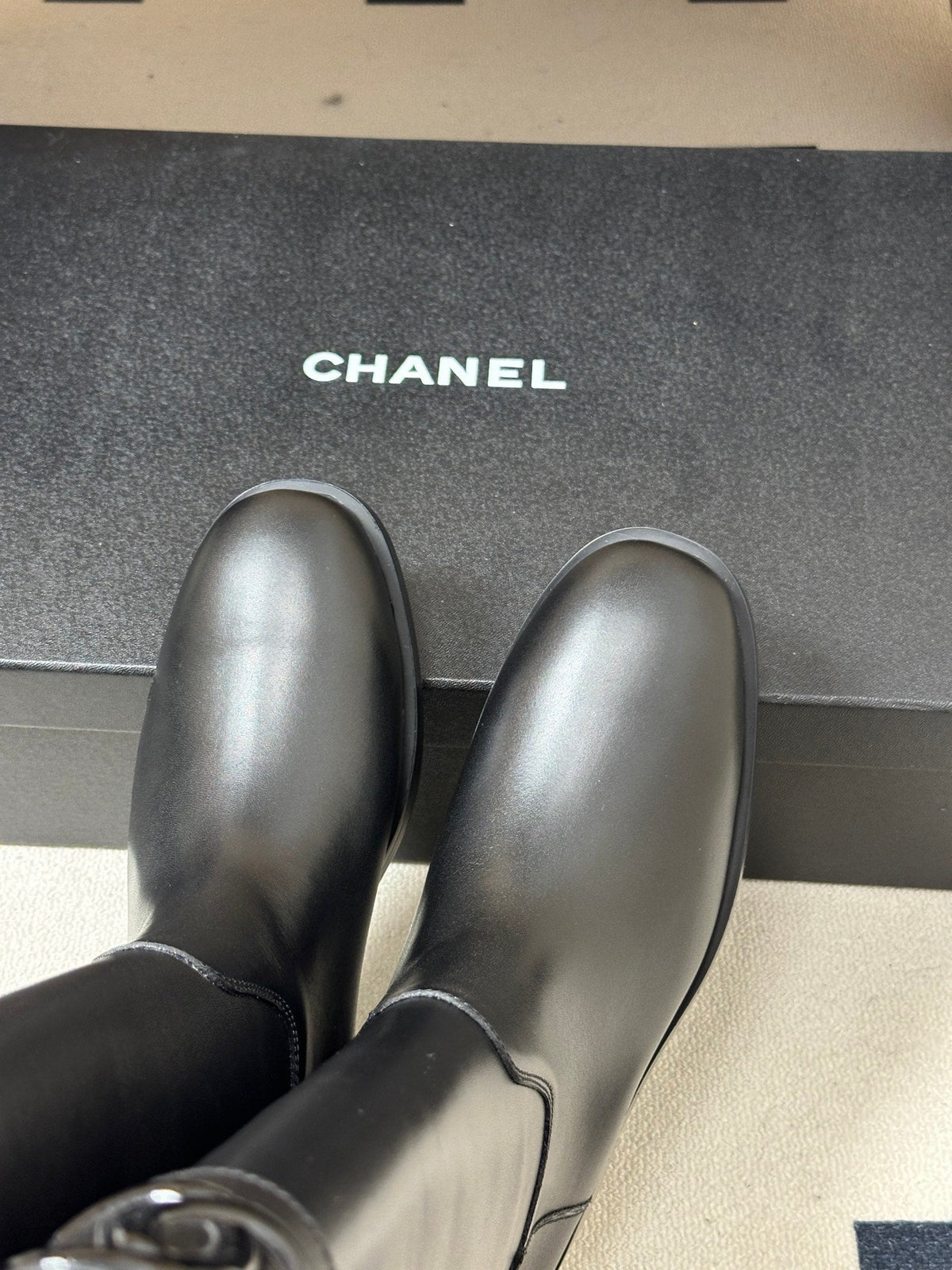 Chanel 26s Knee High Boots Buckle CC Logo Black Calfskin Leather 185686