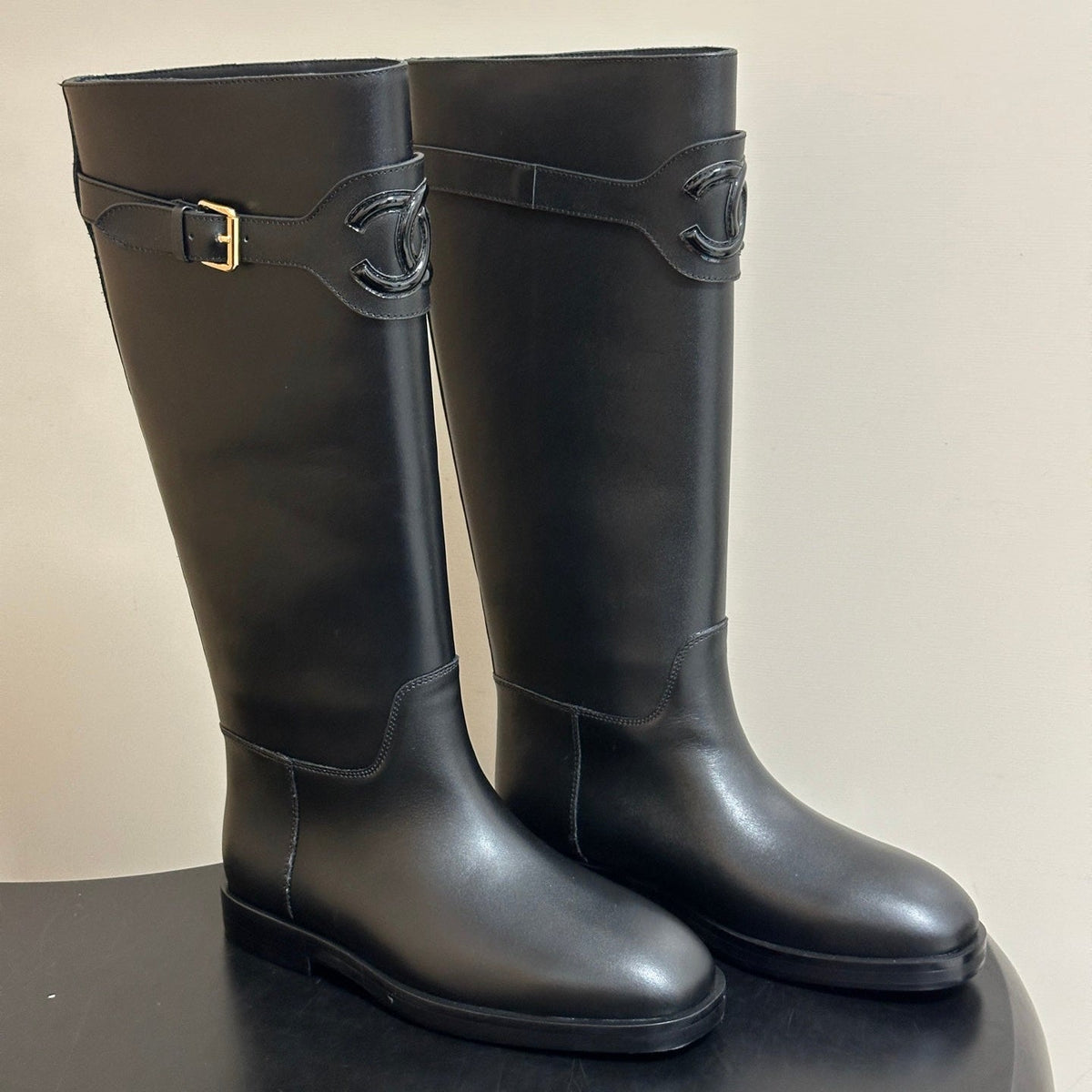 Chanel 26s Knee High Boots Buckle CC Logo Black Calfskin Leather 185686