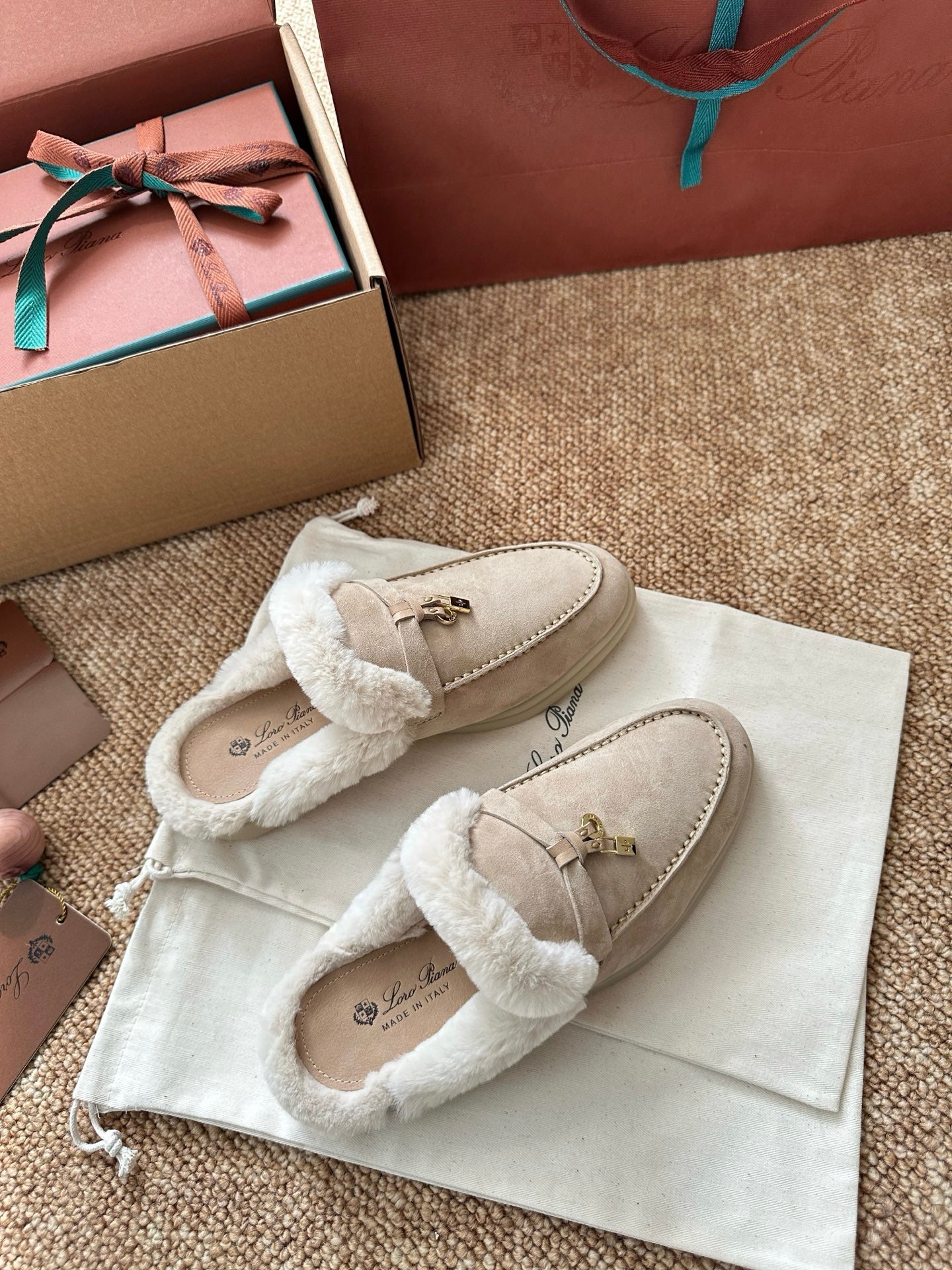 Loro Piana Charms Walk Flat Mules Apricot Suede Fur 623530
