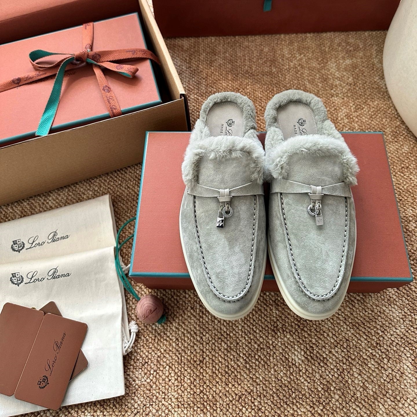 Loro Piana Charms Walk Flat Mules Gray-Green Suede Fur 623534