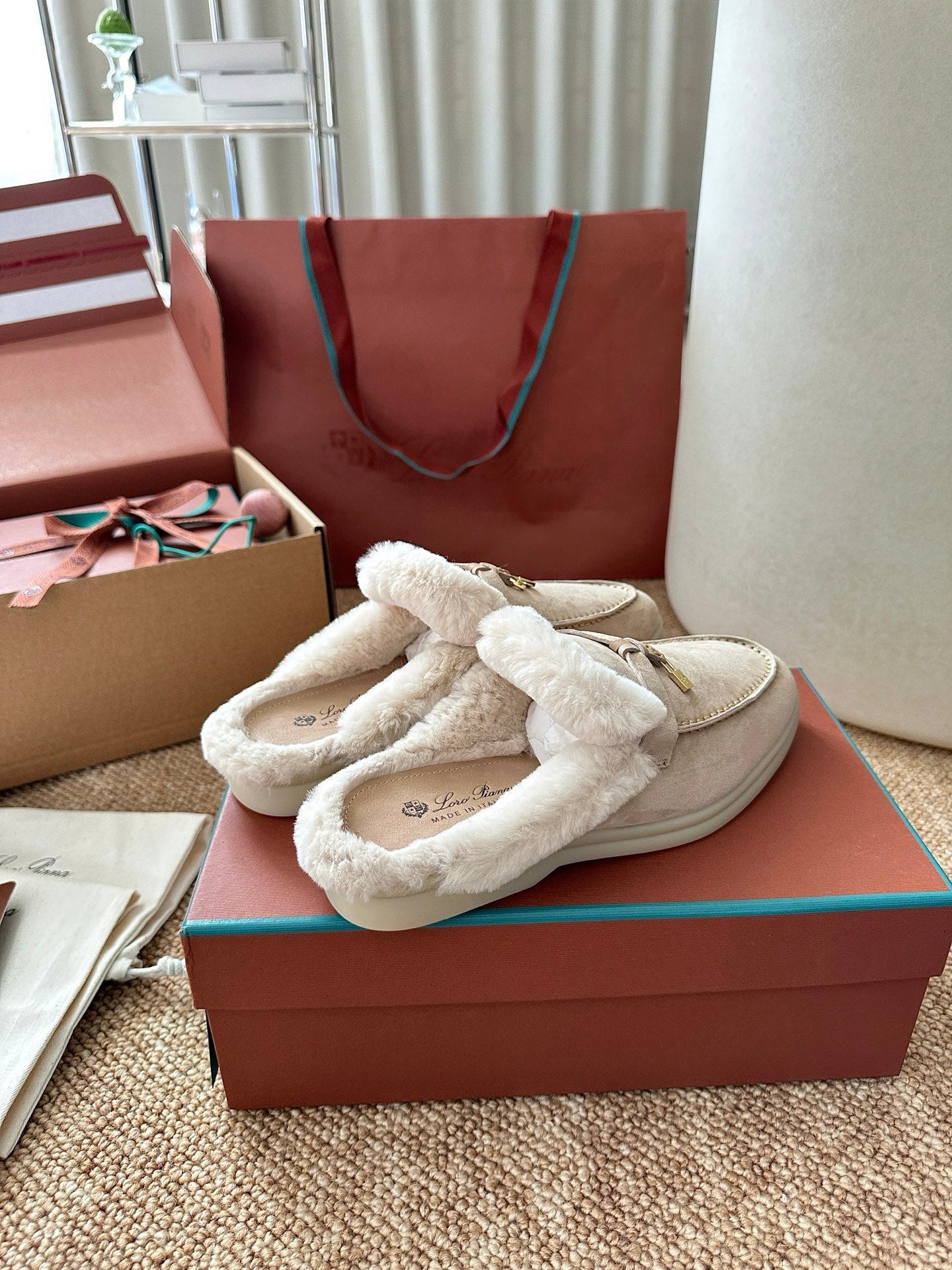 Loro Piana Charms Walk Flat Mules Apricot Suede Fur 623530