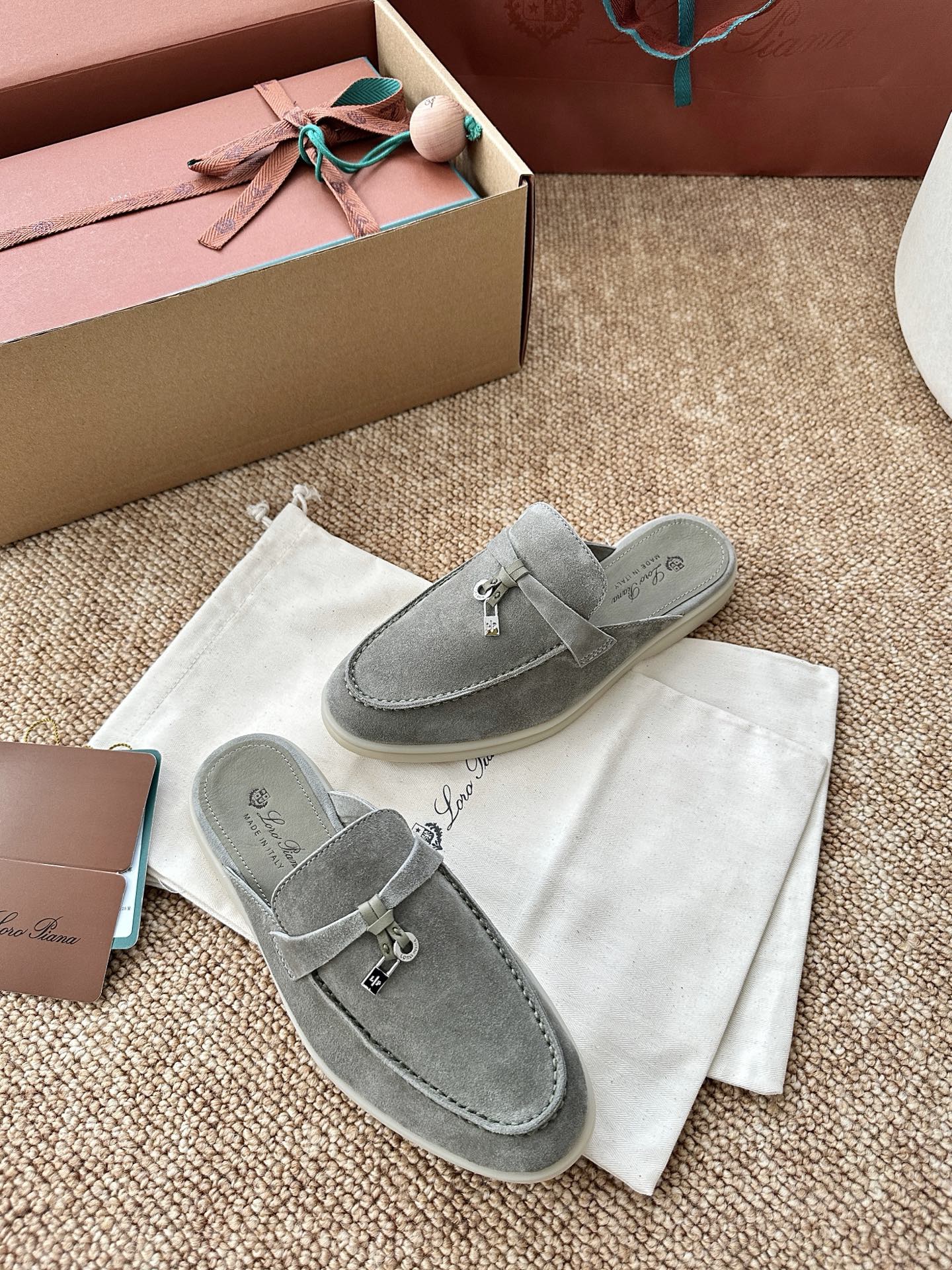 Loro Piana Charms Walk Flat Mules Gray-Green Suede 623552