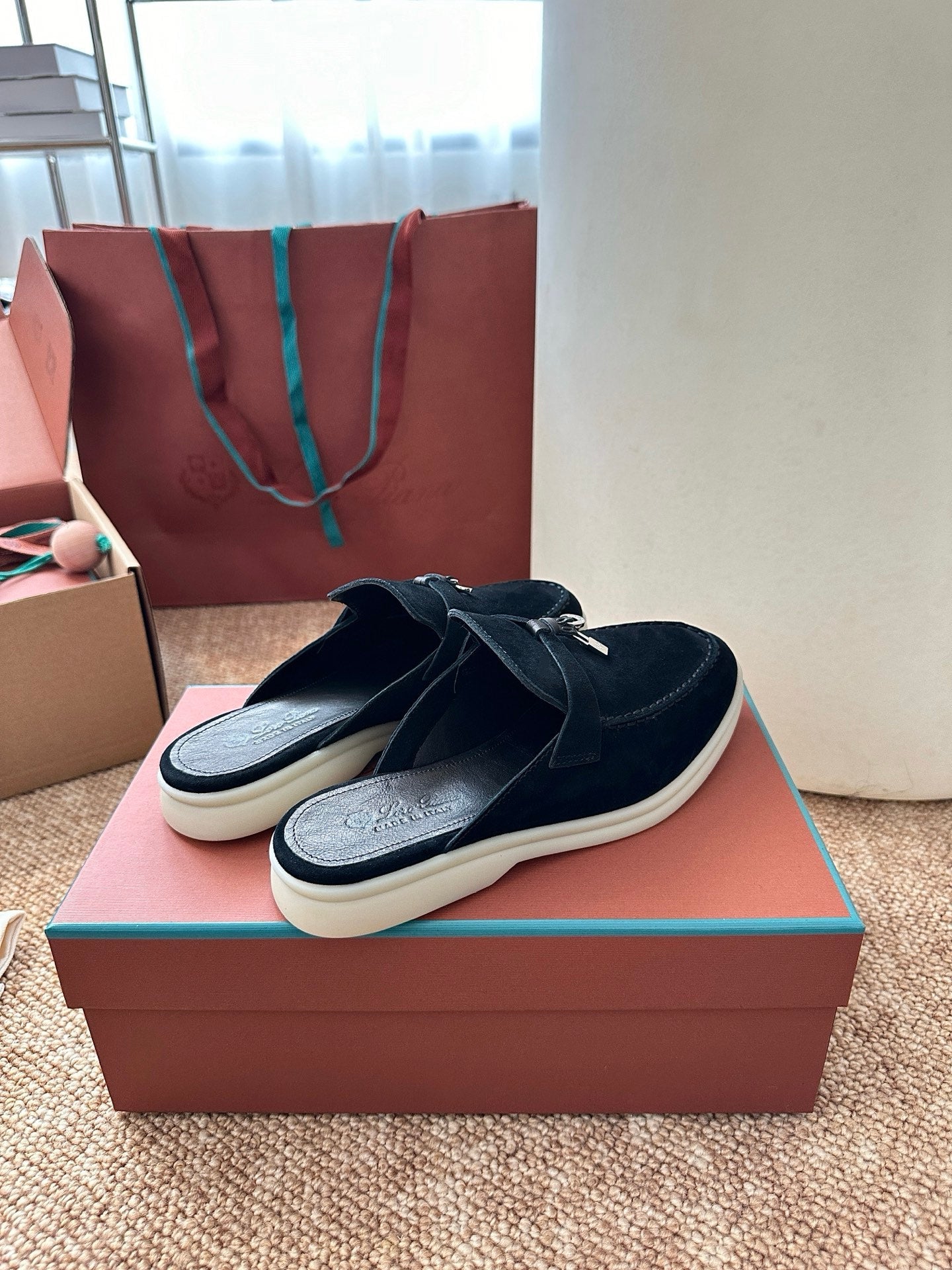 Loro Piana Charms Walk Flat Mules Black Suede 623558