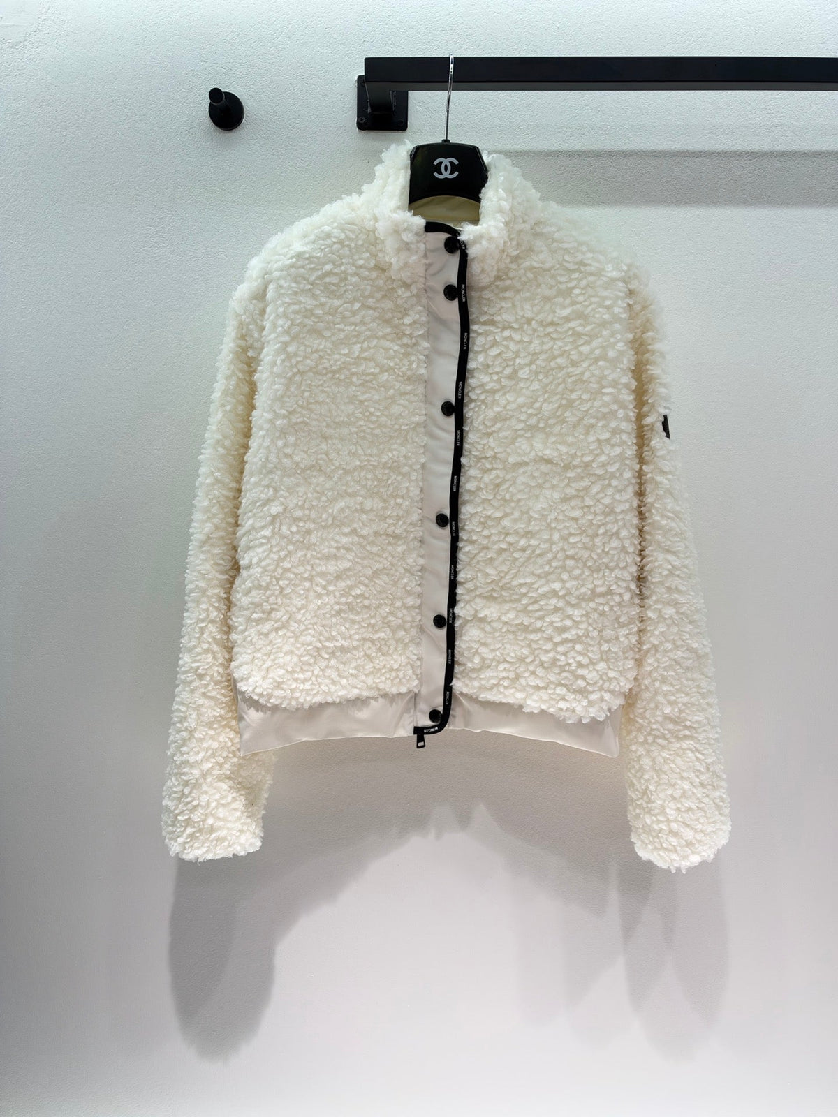 Chanel 26s White Shearling Fleece Zip-Up Bomber Jacket 447492