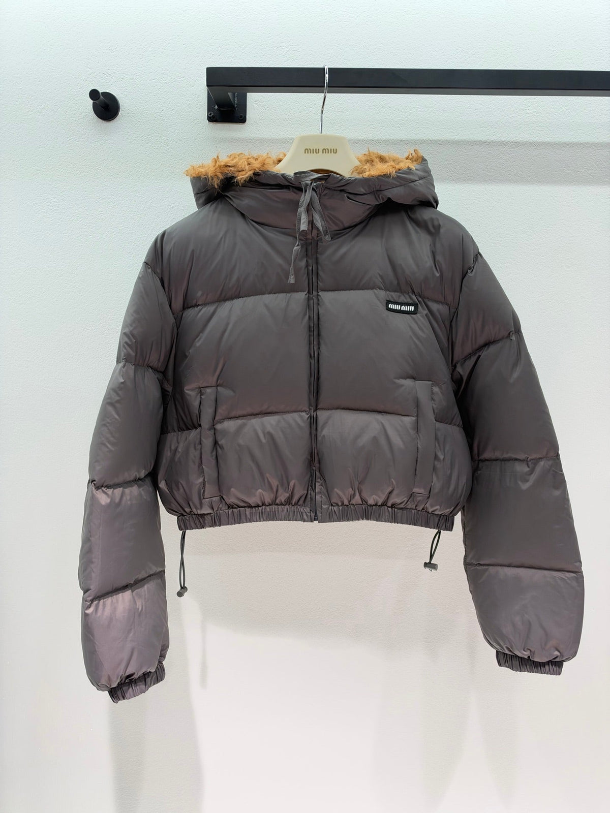 Miu Miu 26s Fur Lined Hood Down Jacket Dark Gray Polyamide 450367