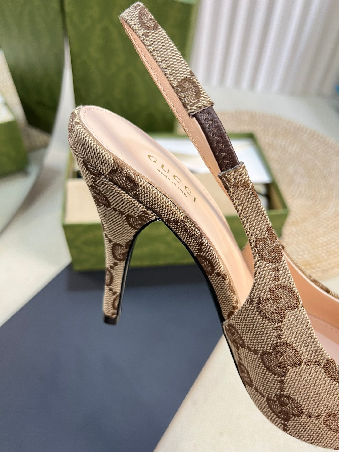 GC Horsebit Slingback Pump 100mm Beige mix Brown Canvas Sheepskin 294566