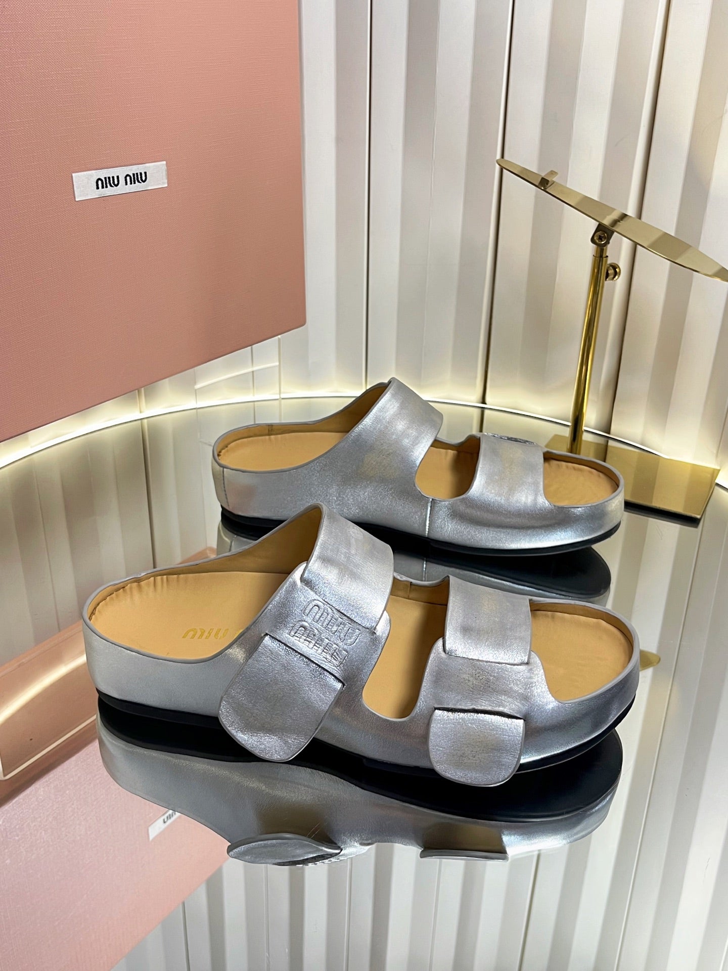 Miumiu 26s Double-Strap Slides In Sliver Calfskin