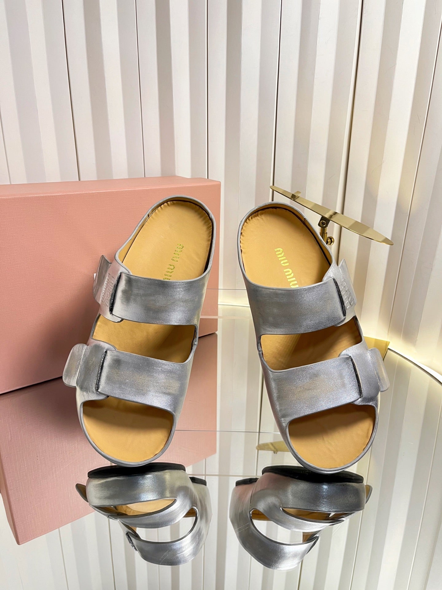 Miumiu 26s Double-Strap Slides In Sliver Calfskin