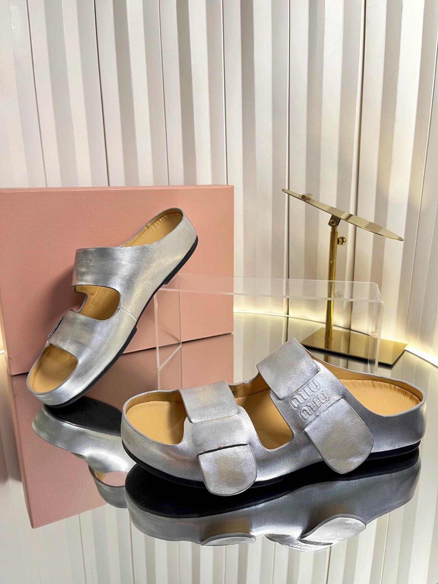 Miumiu 26s Double-Strap Slides In Sliver Calfskin