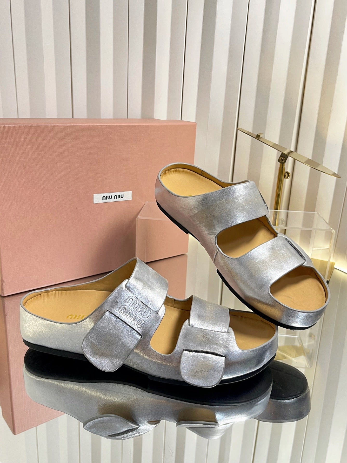 Miumiu 26s Double-Strap Slides In Sliver Calfskin