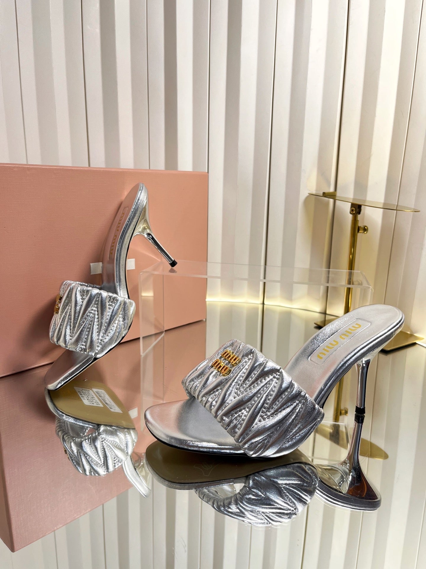 Miumiu 26s High-Heel Mule Sandals 85mm In Sliver Calfskin Gold Hardware