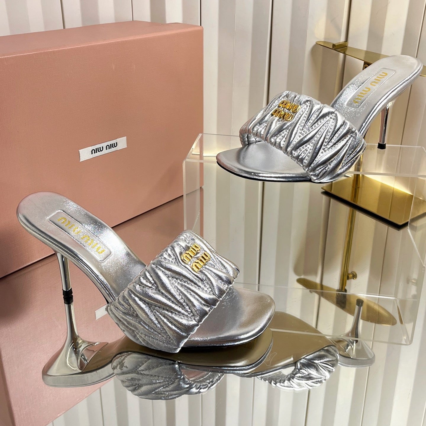 Miumiu 26s High-Heel Mule Sandals 85mm In Sliver Calfskin Gold Hardware