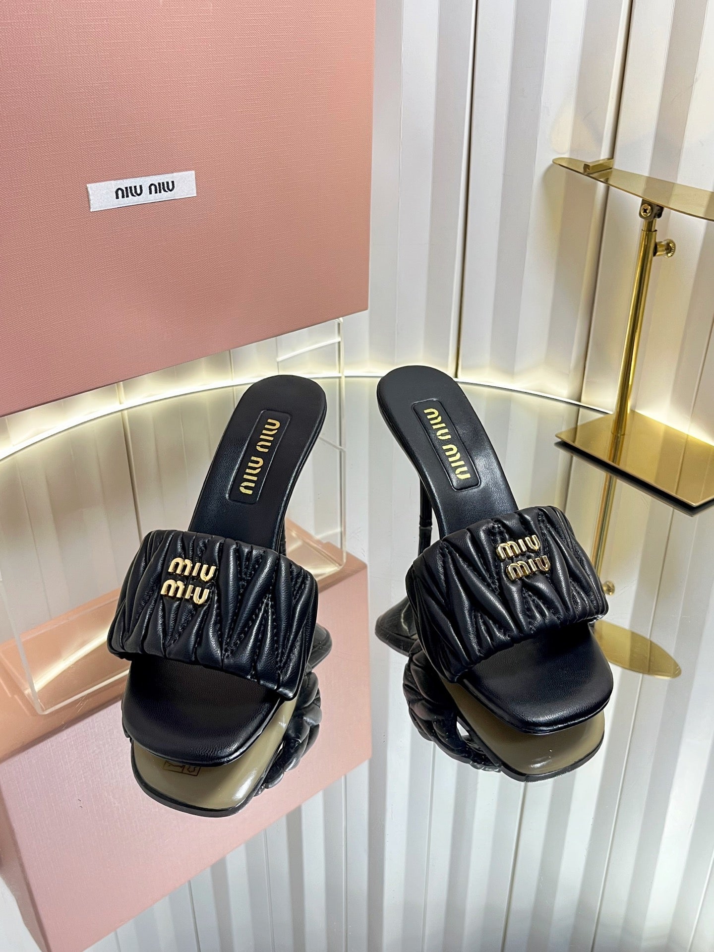 Miu 26s Padded Matelasse Mule Heels 85mm In Black Calfskin Gold Hardware