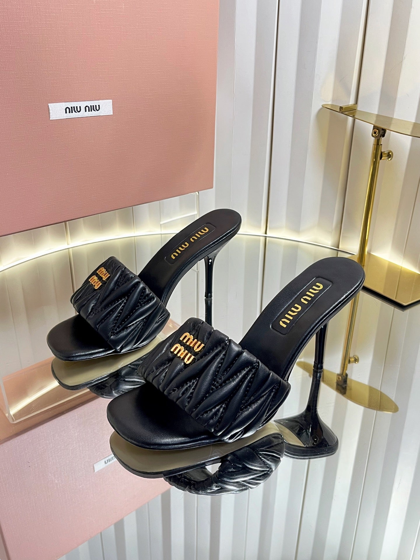 Miu 26s Padded Matelasse Mule Heels 85mm In Black Calfskin Gold Hardware