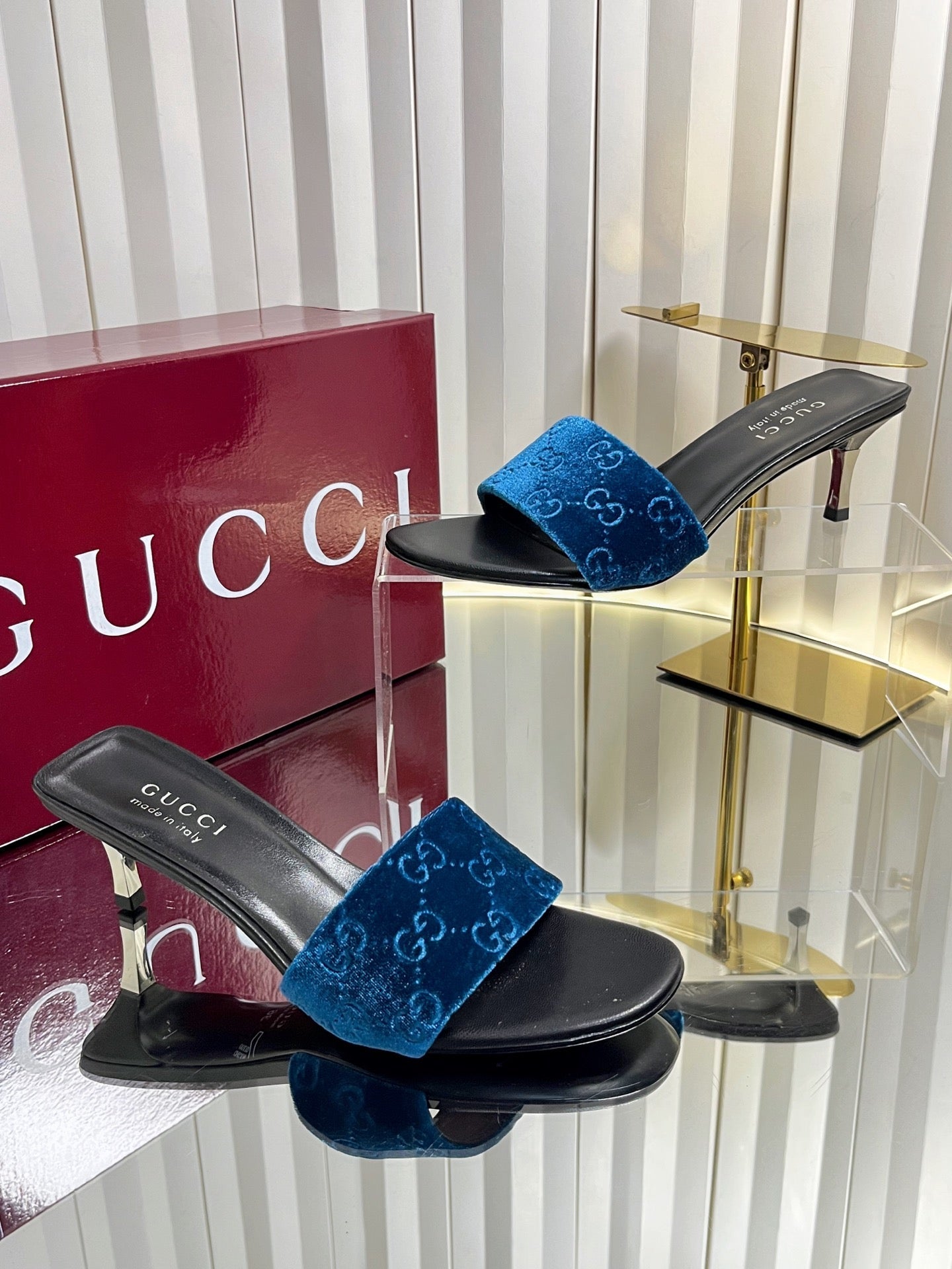 GG 26s Bombshell Sandal 5cm Black Blue Velvet Leather 768153