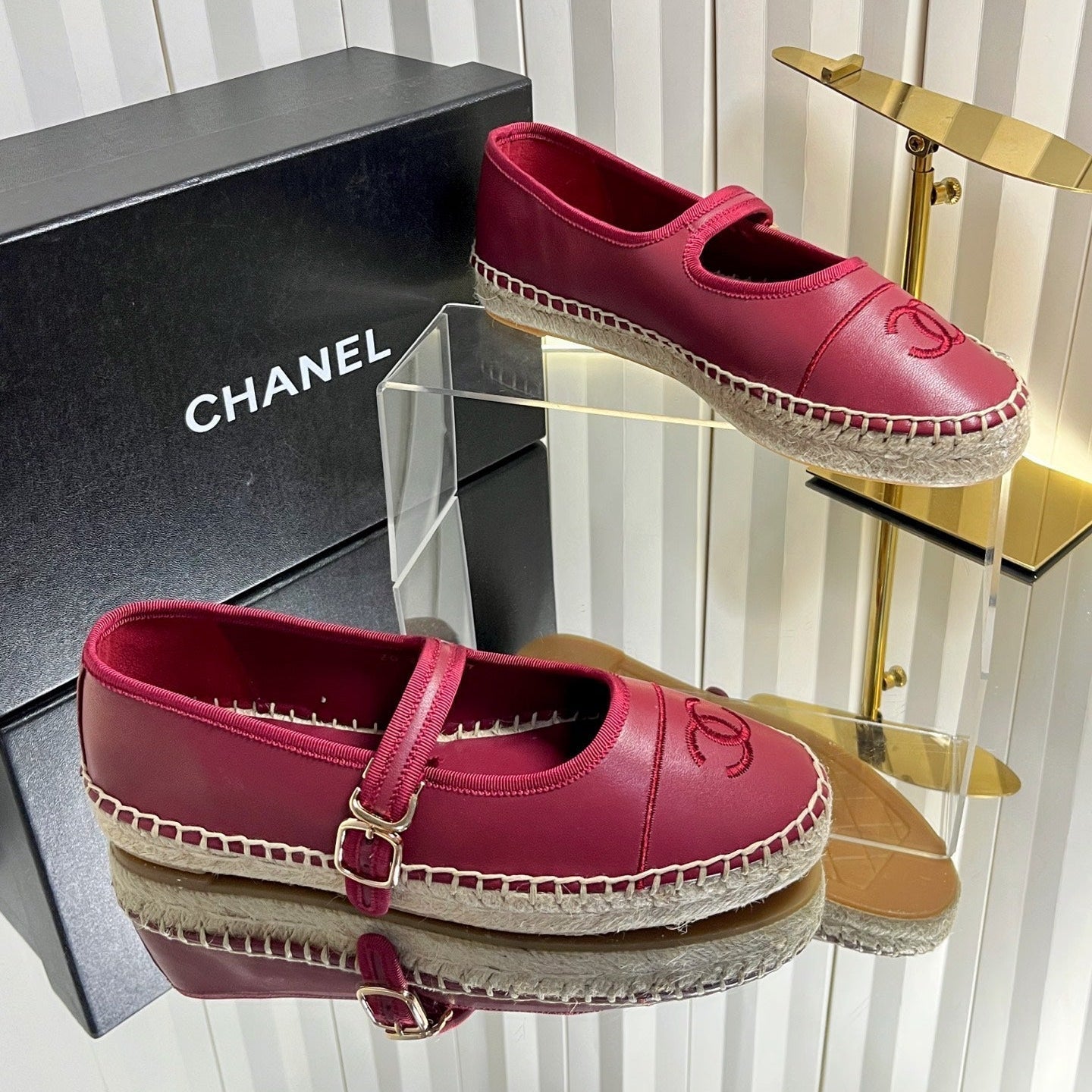 CC 26s Espadrille Mary Jane Shoes Dark Red Lambskin