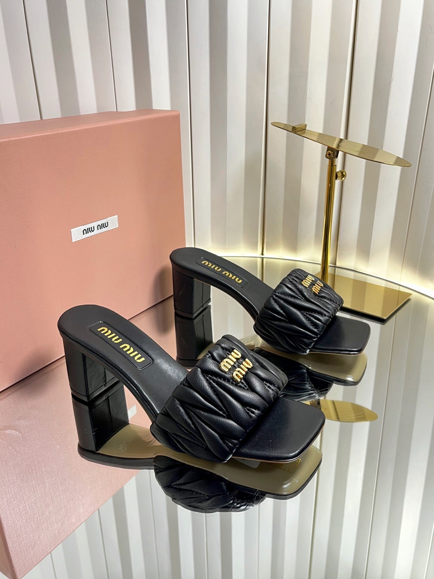 Miumiu 26s Padded Matelasse Mule Heels 65mm In Black Calfskin Gold Hardware