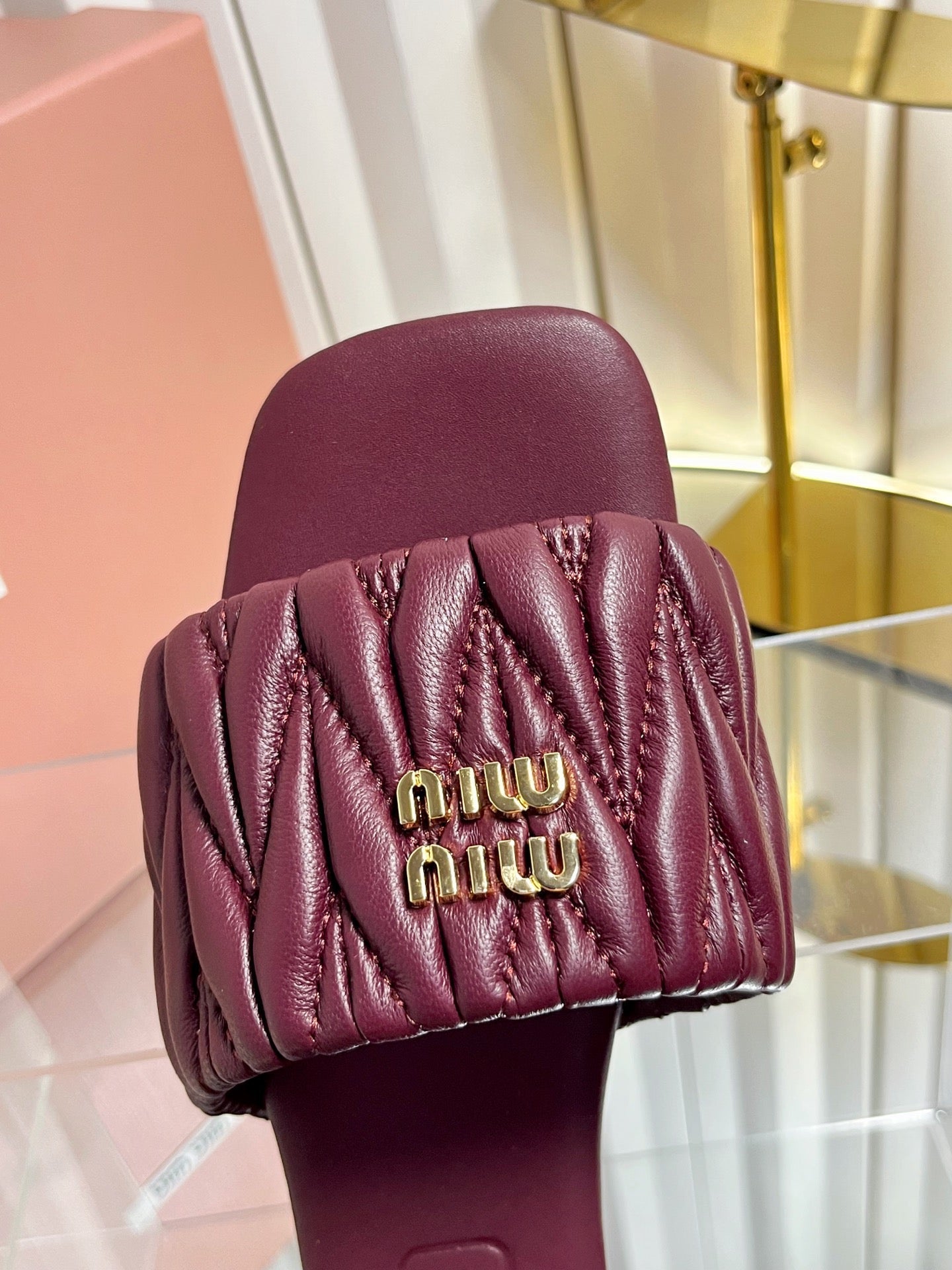 Miumiu 26s Matelasse Slides In Burgundy Calfskin Gold Hardware