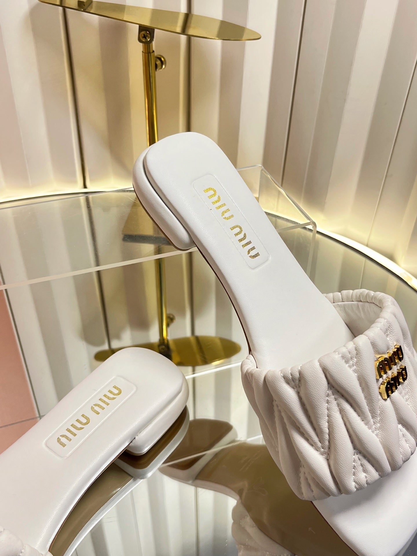 Miumiu 26s Matelasse Slides In White Calfskin Gold Hardware