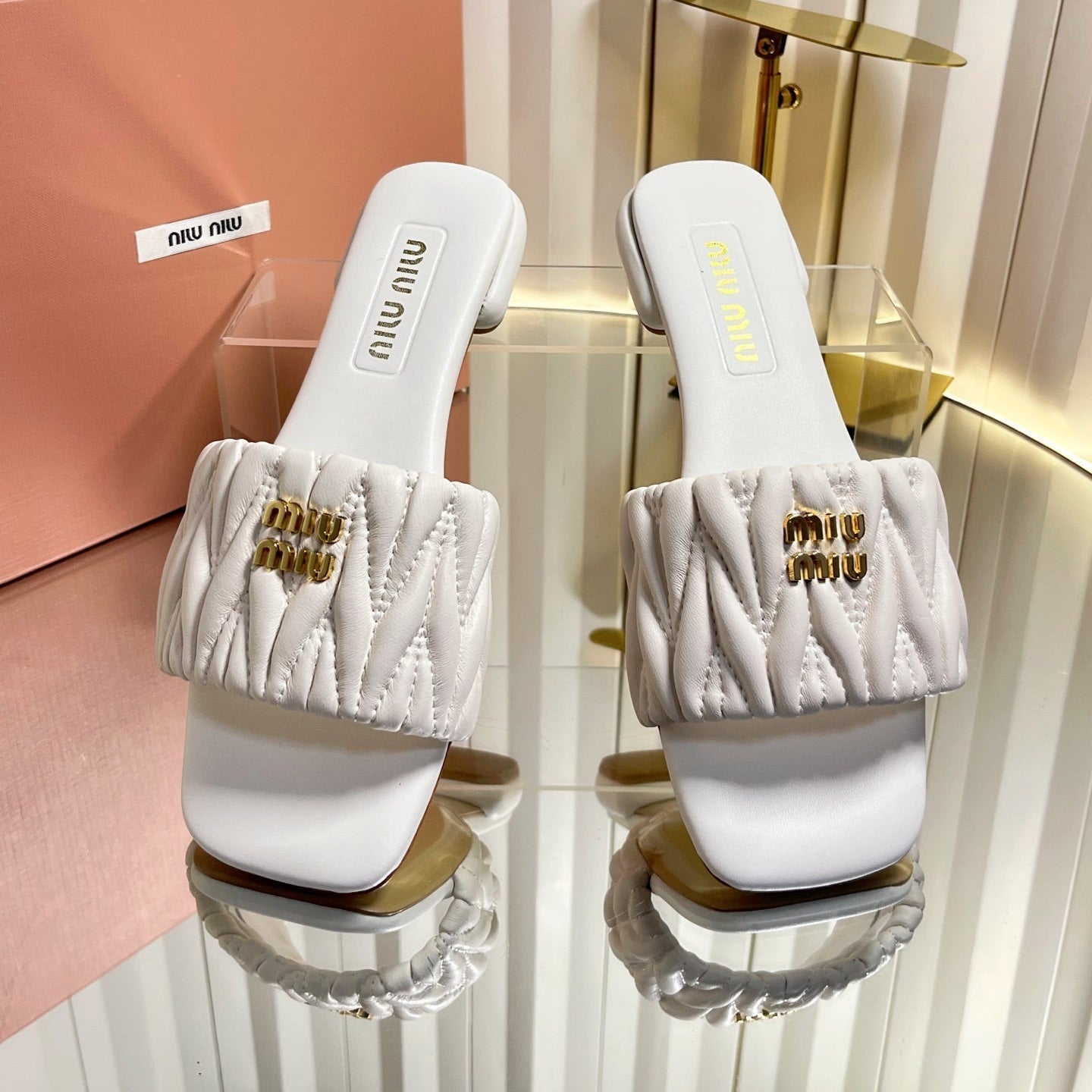 Miumiu 26s Matelasse Slides In White Calfskin Gold Hardware