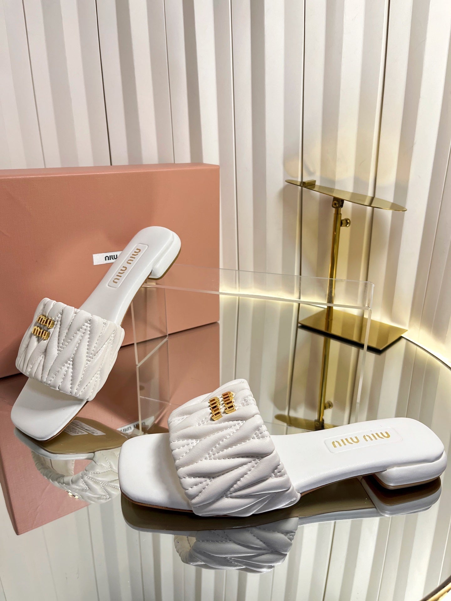 Miumiu 26s Matelasse Slides In White Calfskin Gold Hardware