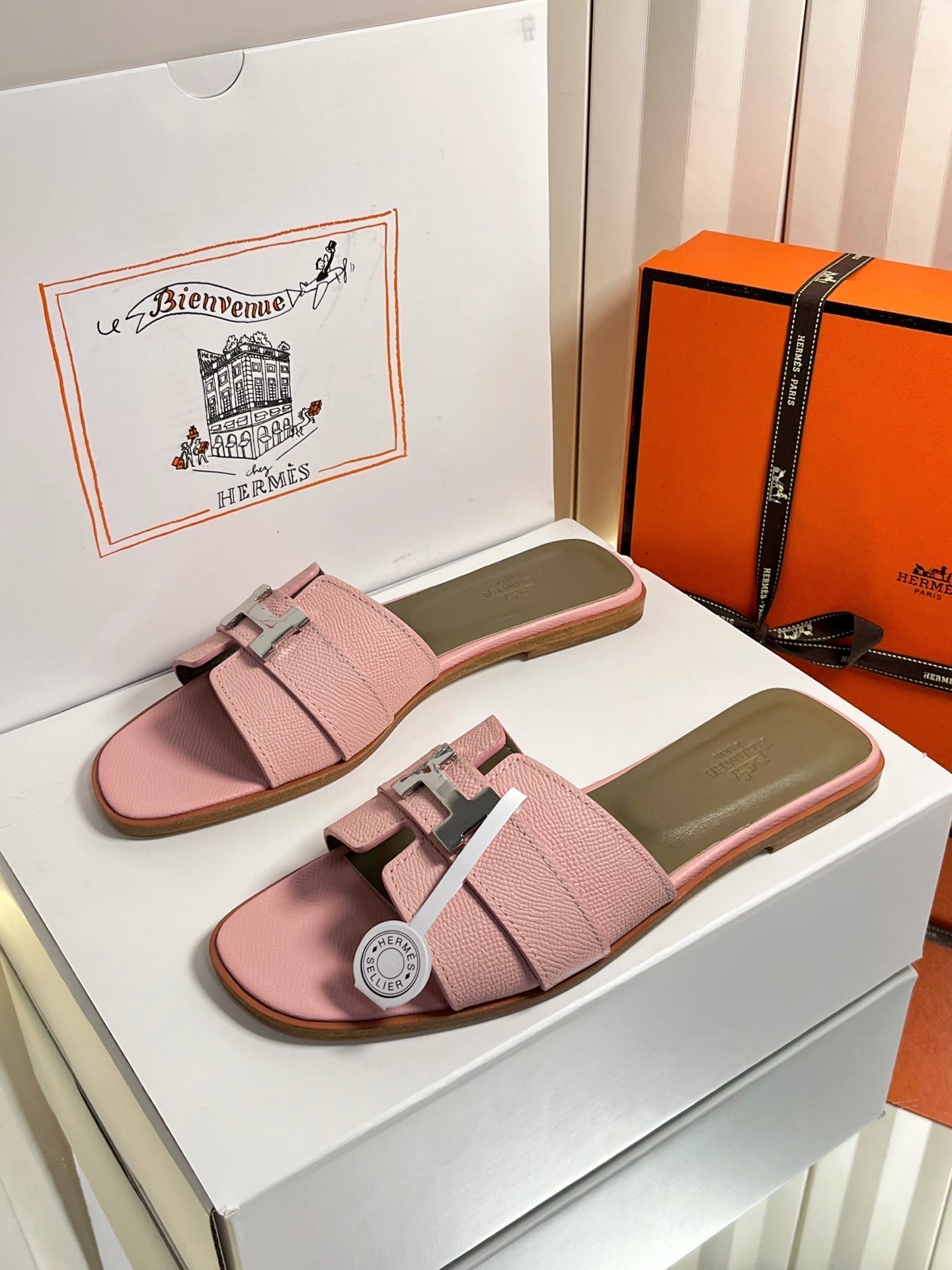 HM 26s Oran Sandals In Pink Epsom Calfskin Silver Hardware